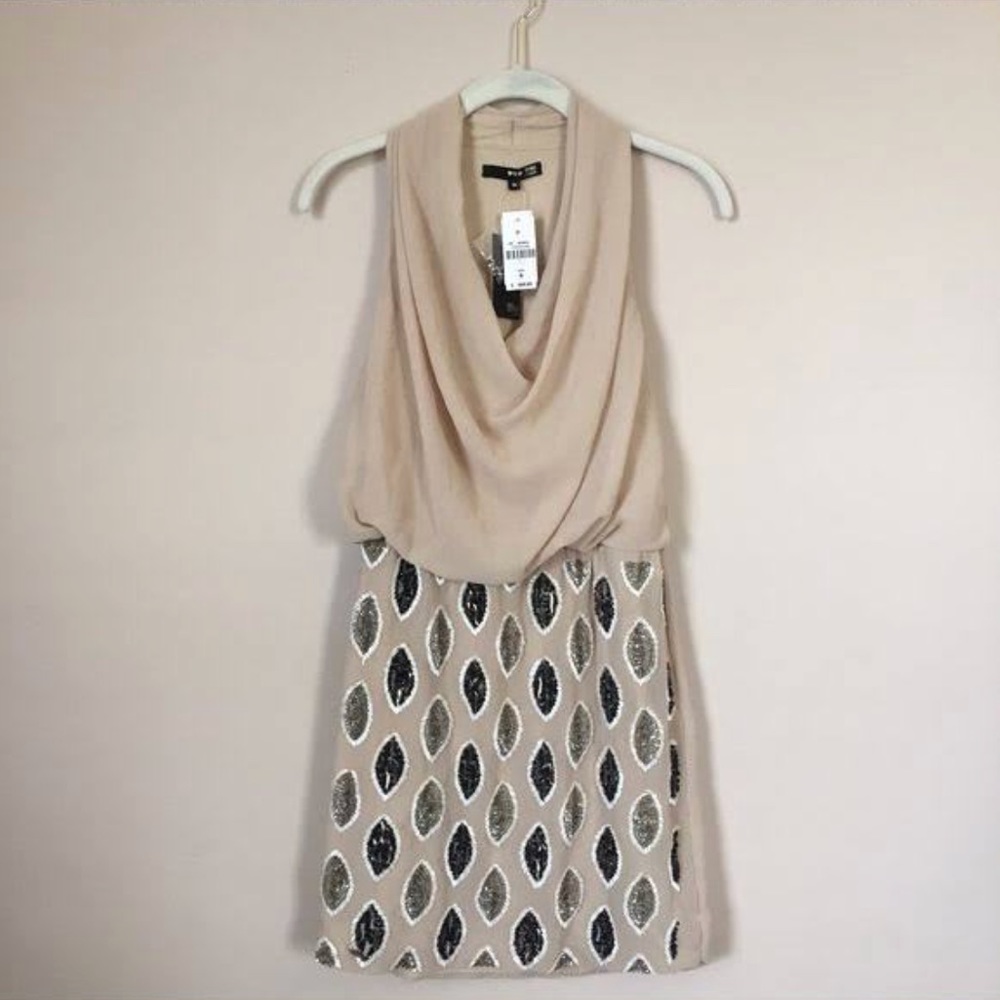 TFNC cream mini dress with sequin skirt